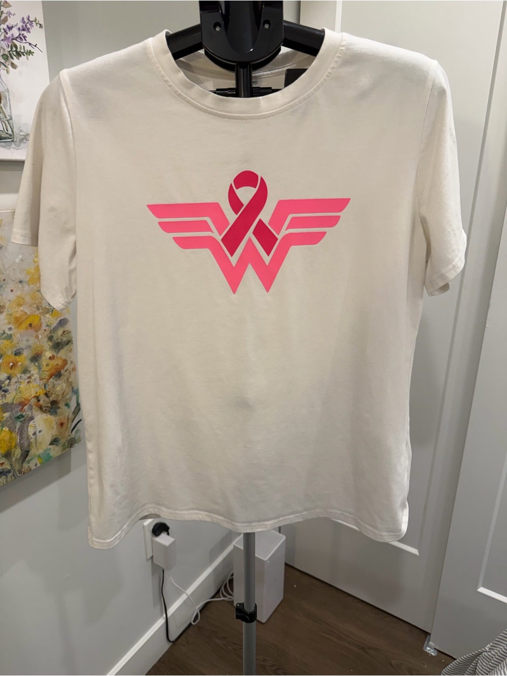 Women's Short Sleeve Cream Tee with Pink Ribbon Graphic